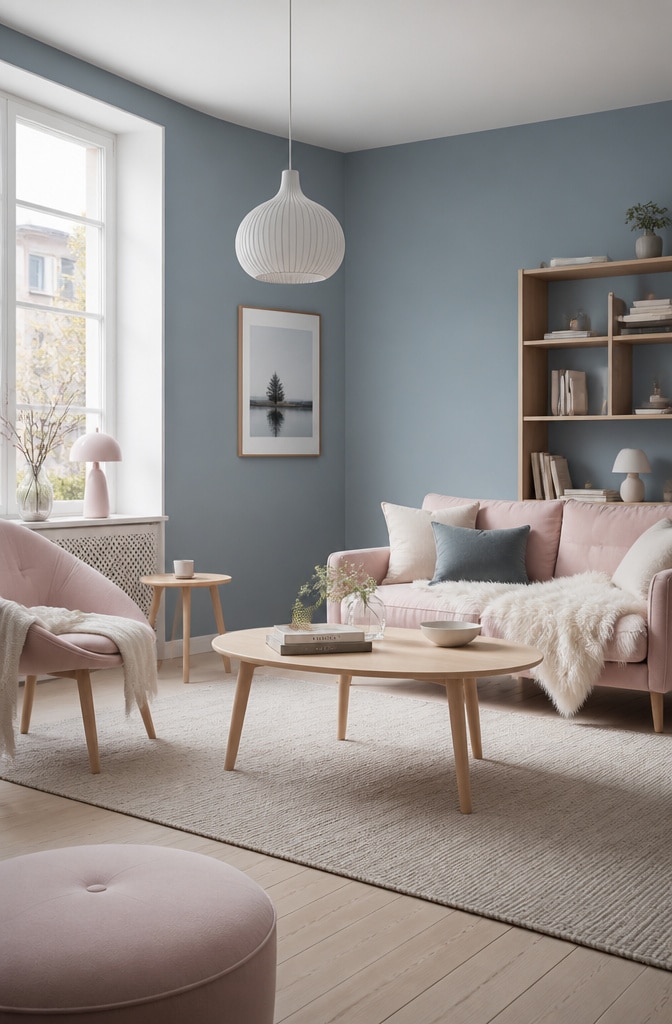 Scandinavian Blue and Pink Cozy Living Room