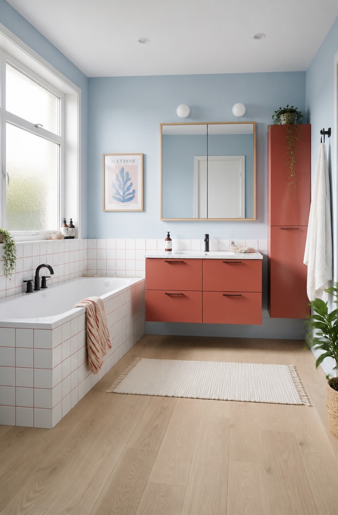 Scandinavian Blue and Red Bathroom