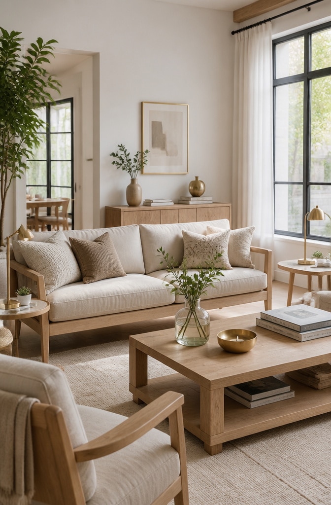 Scandinavian Brown and Gold Cozy Living Room