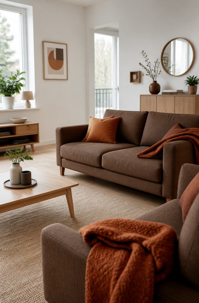 Scandinavian Brown and Orange Cozy Living Room