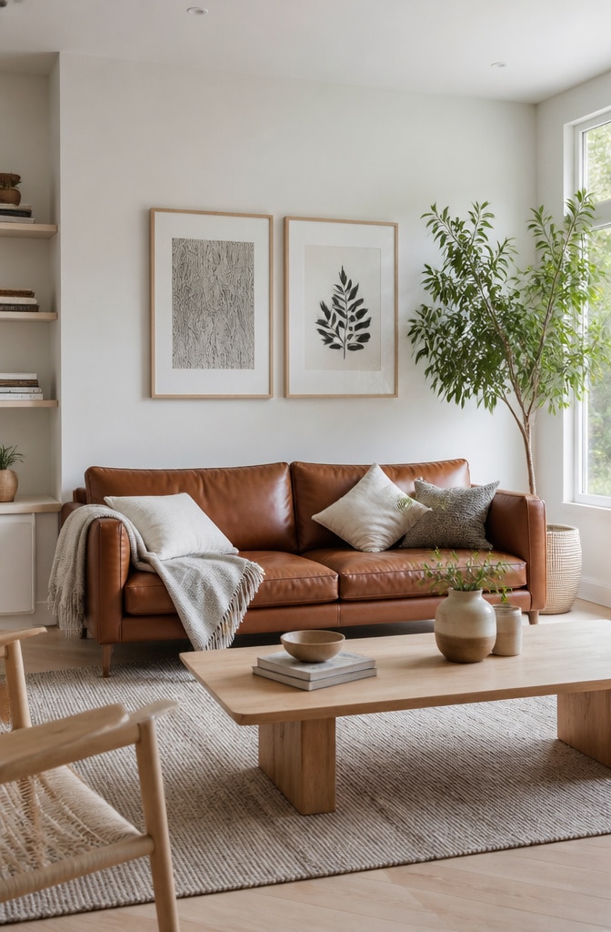 Scandinavian Brown Leather Couch Living Room