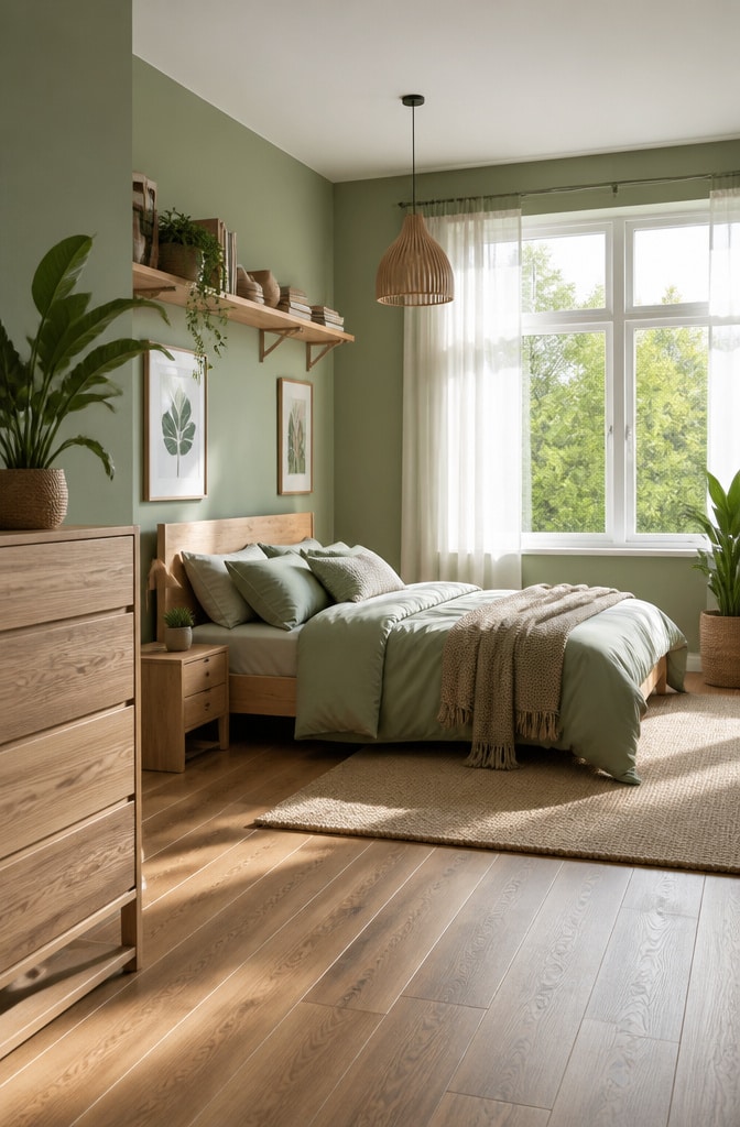 Scandinavian Brown Wood and Sage Green Bedroom
