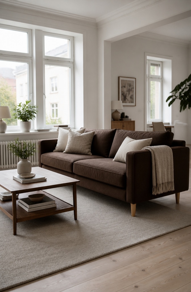 Scandinavian Cozy Chocolate Brown Couch Living Room