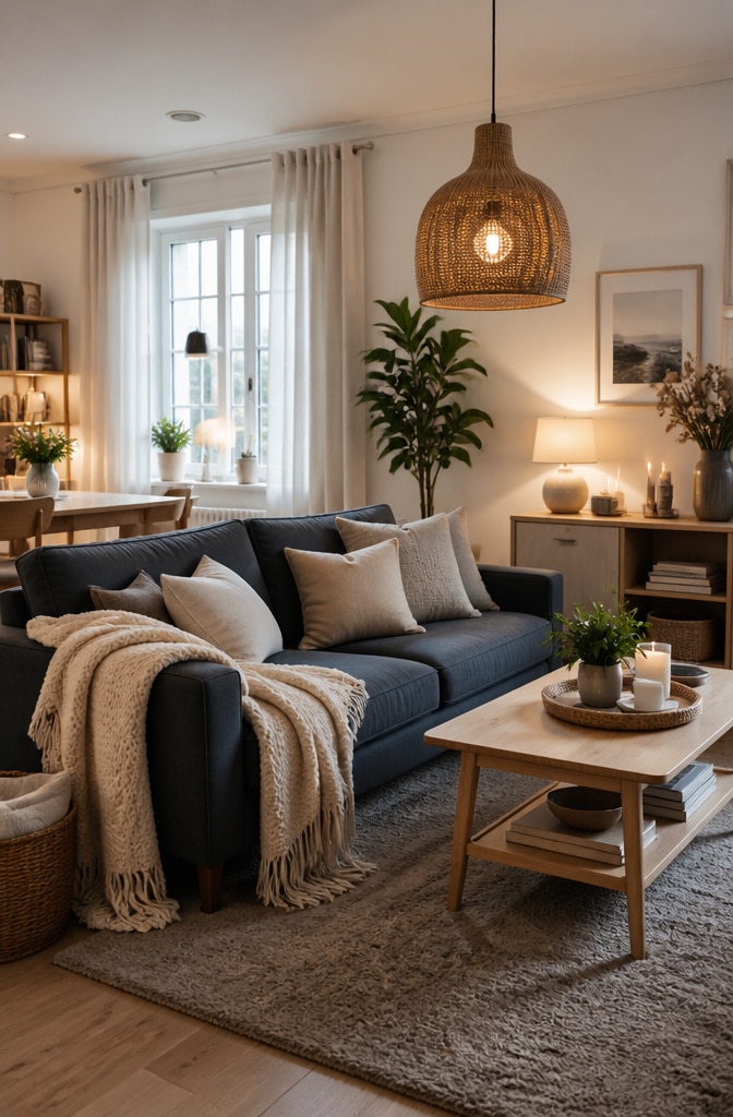 Scandinavian Cozy Dark Blue Sofa Living Room