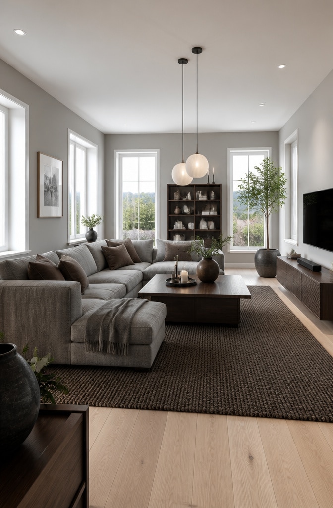 Scandinavian Cozy Dark Brown and Grey Living Room