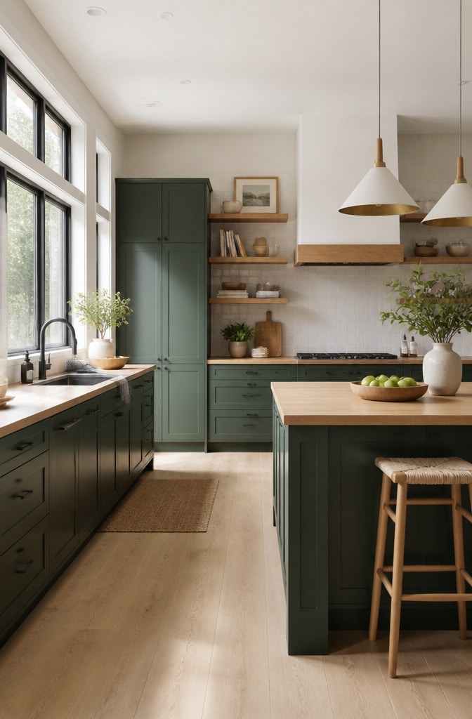 Scandinavian Forest Green Cabinets with Light Countertops