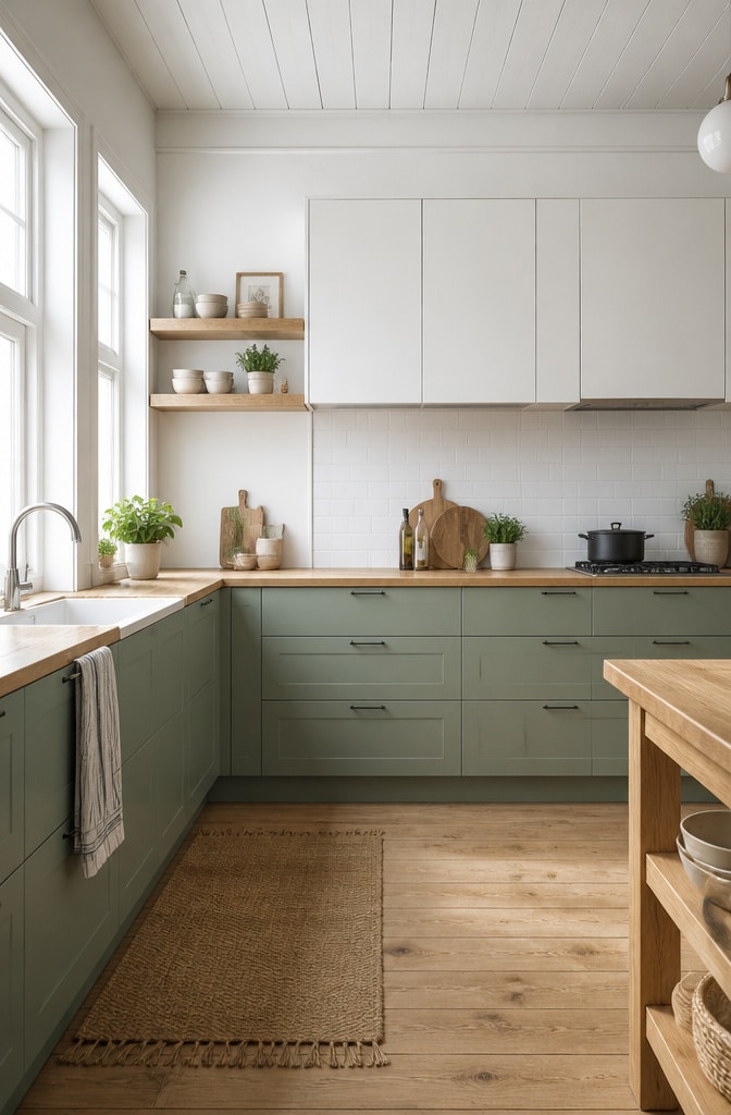 Scandinavian Green and White Cabinets