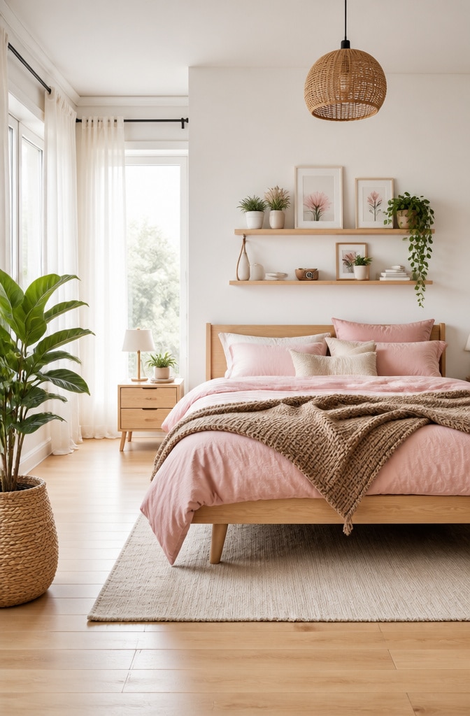 Scandinavian Pink and Brown Bedroom
