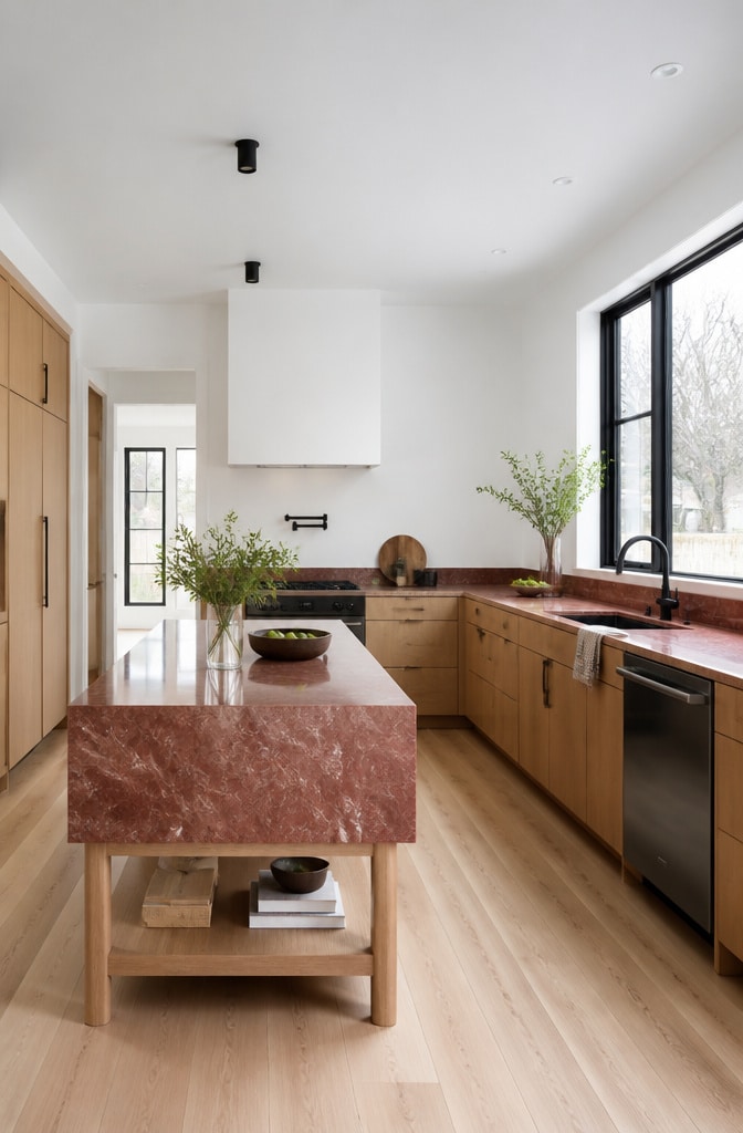 Scandinavian Red Marble Kitchen with Natural Wood
