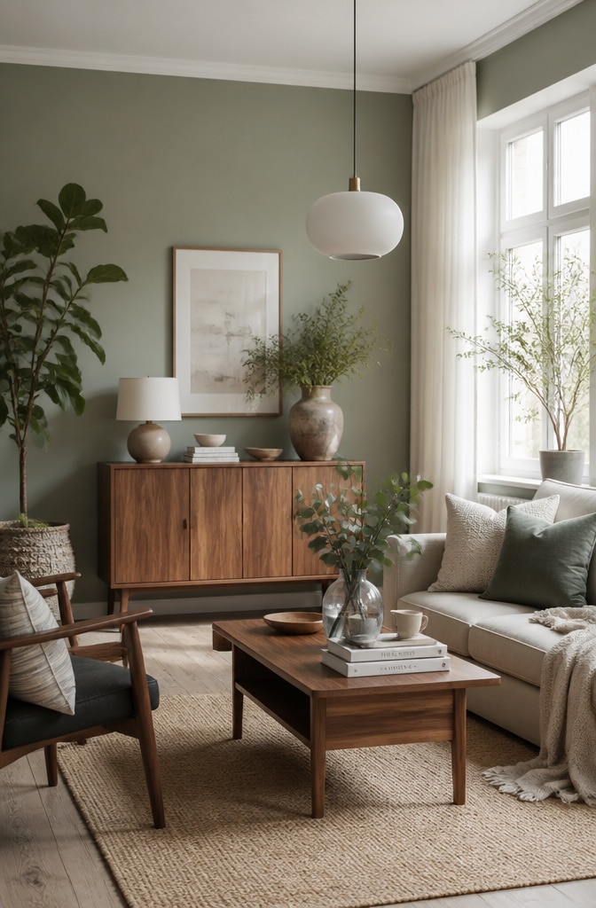 Scandinavian Sage and Warm Brown Living Room
