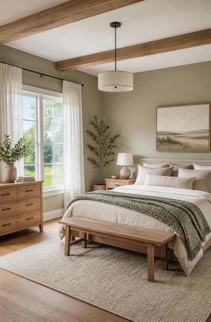 Scandinavian Sage Green Farmhouse Bedroom