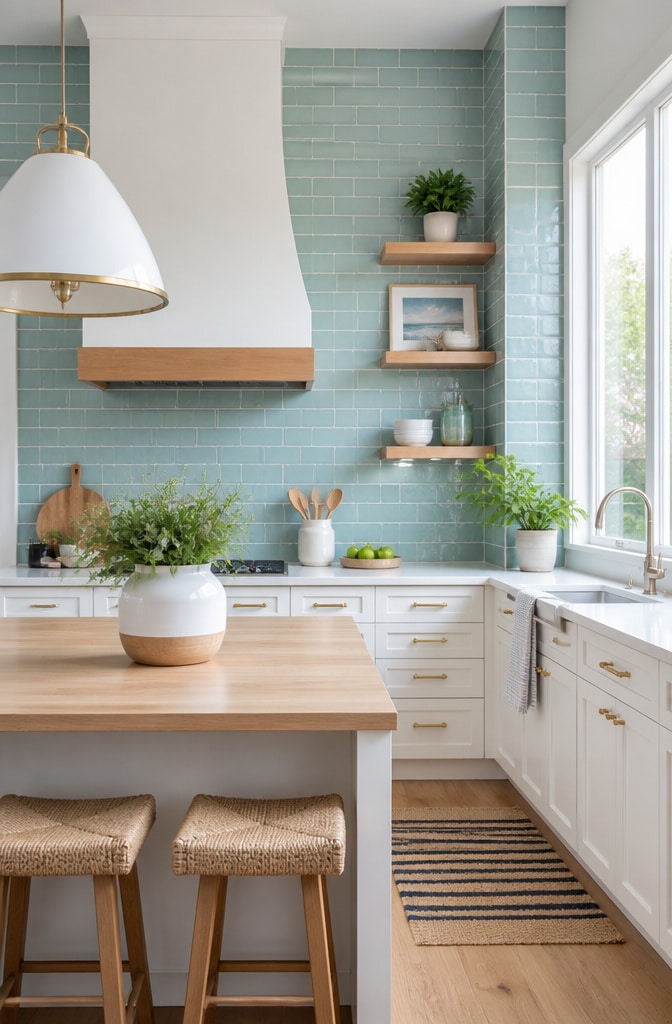 Seafoam Green Glossy Brick Tile Kitchen