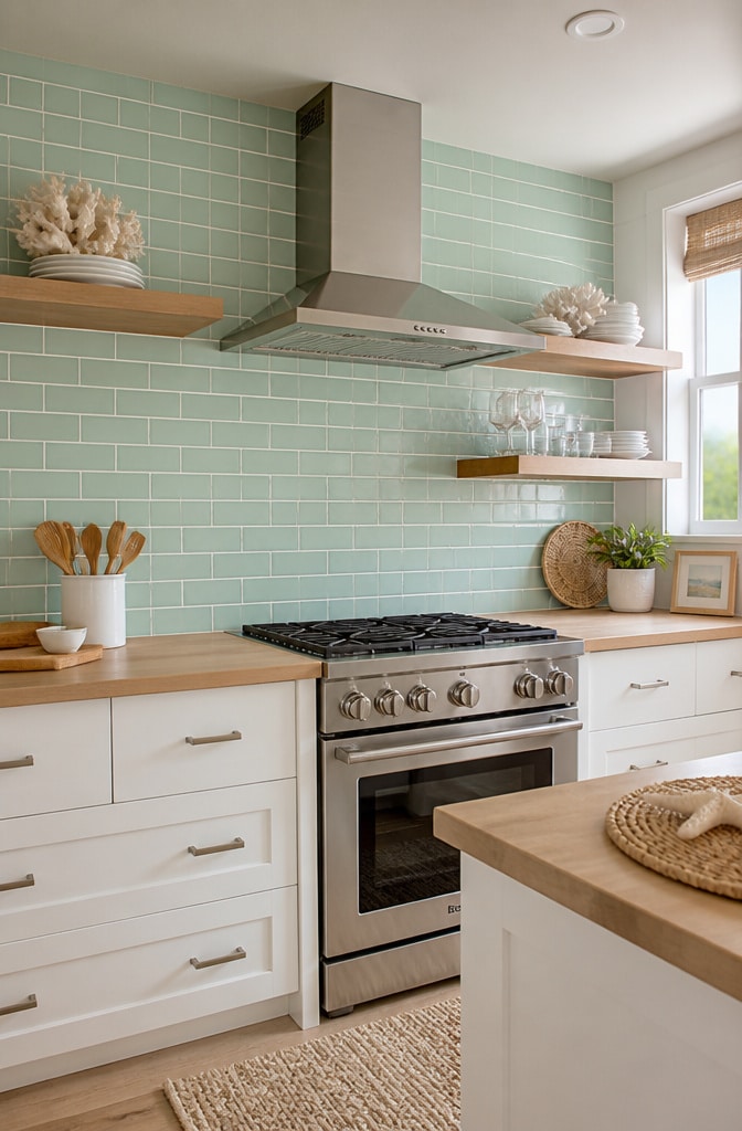 Seafoam Green Subway Tile with White Grout Backsplash