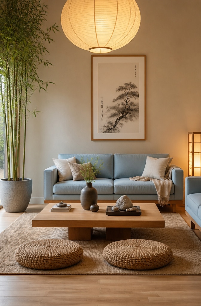 Serene Zen Neutral and Soft Blue Living Room