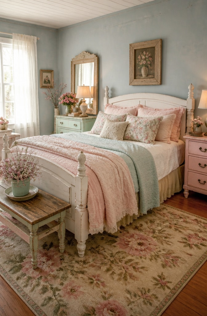Shabby Chic Farmhouse Bedroom with Pastel Palette