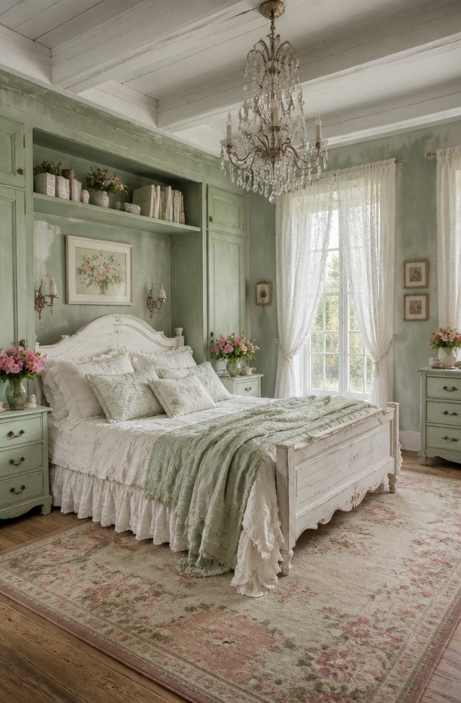 Shabby Chic Sage Green Farmhouse Bedroom