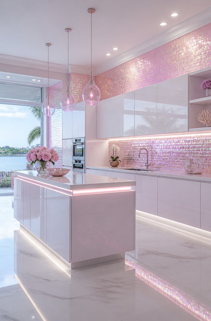 Shimmering Pearl Pink Iridescent Kitchen Tiles
