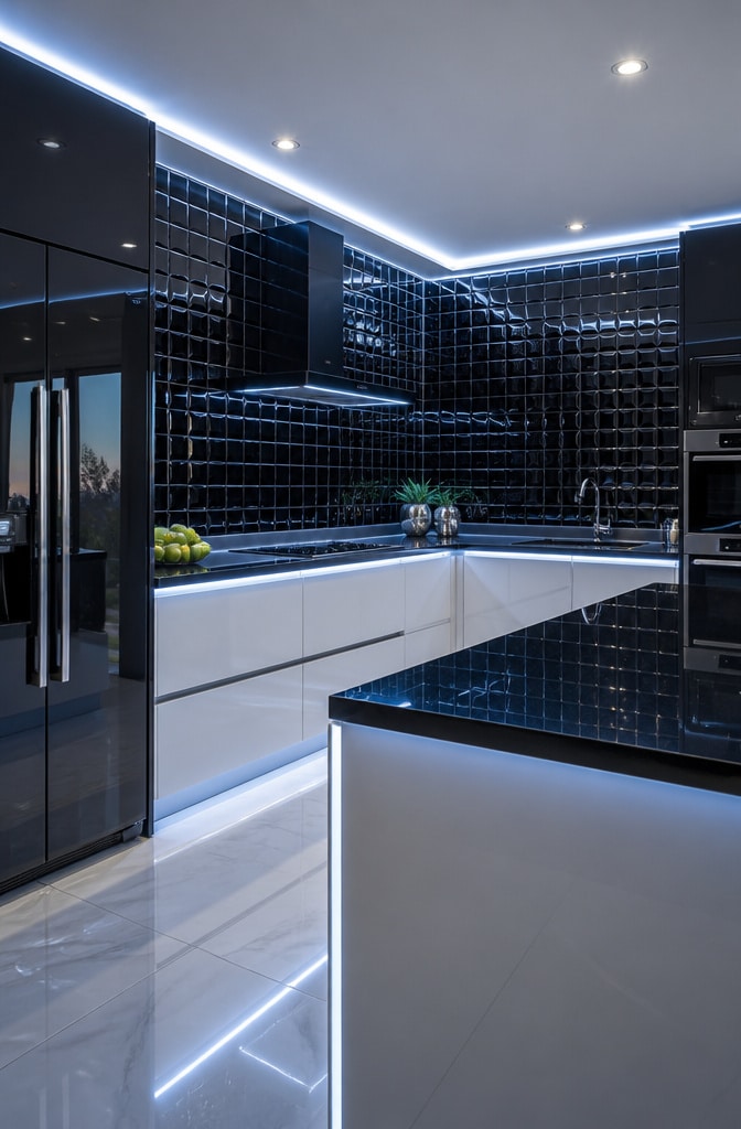 Sleek Black Glass Tiles Kitchen