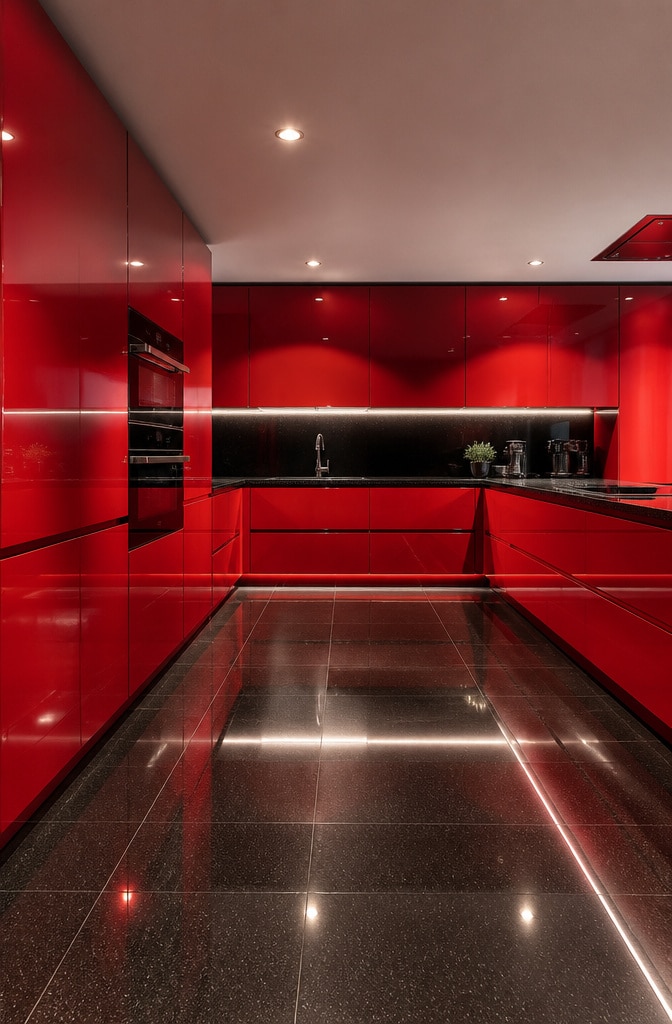 Sleek High-Gloss Cherry Red Minimal Kitchen