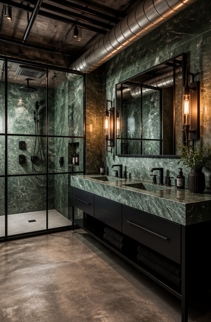 Sleek Industrial Green Marble Bathroom