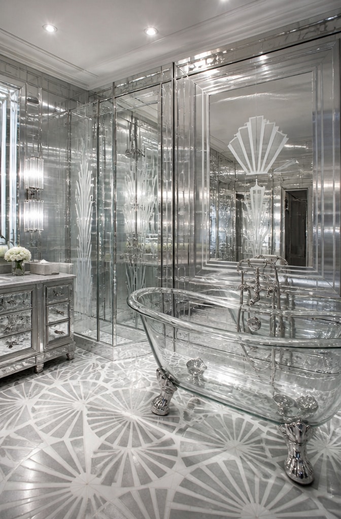 Sleek Silver and Glass Art Deco Bathroom