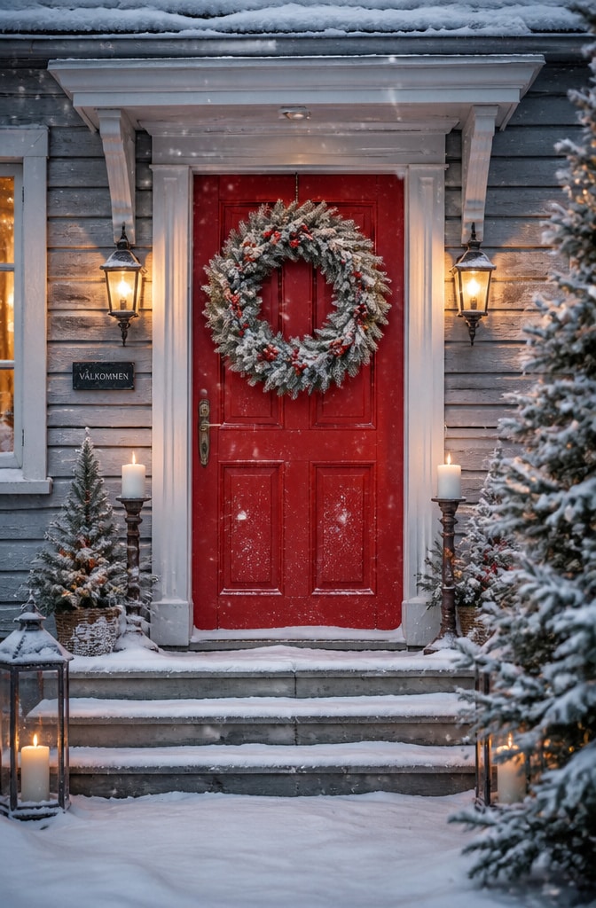 Snowy Nordic Inspired Red Door Scene