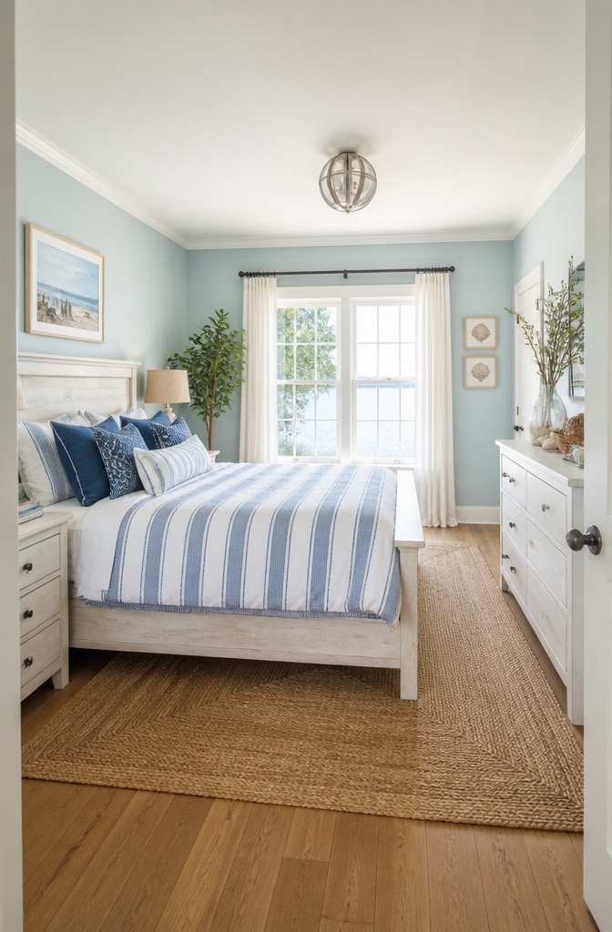 Soft Blue and White Coastal Farmhouse Bedroom