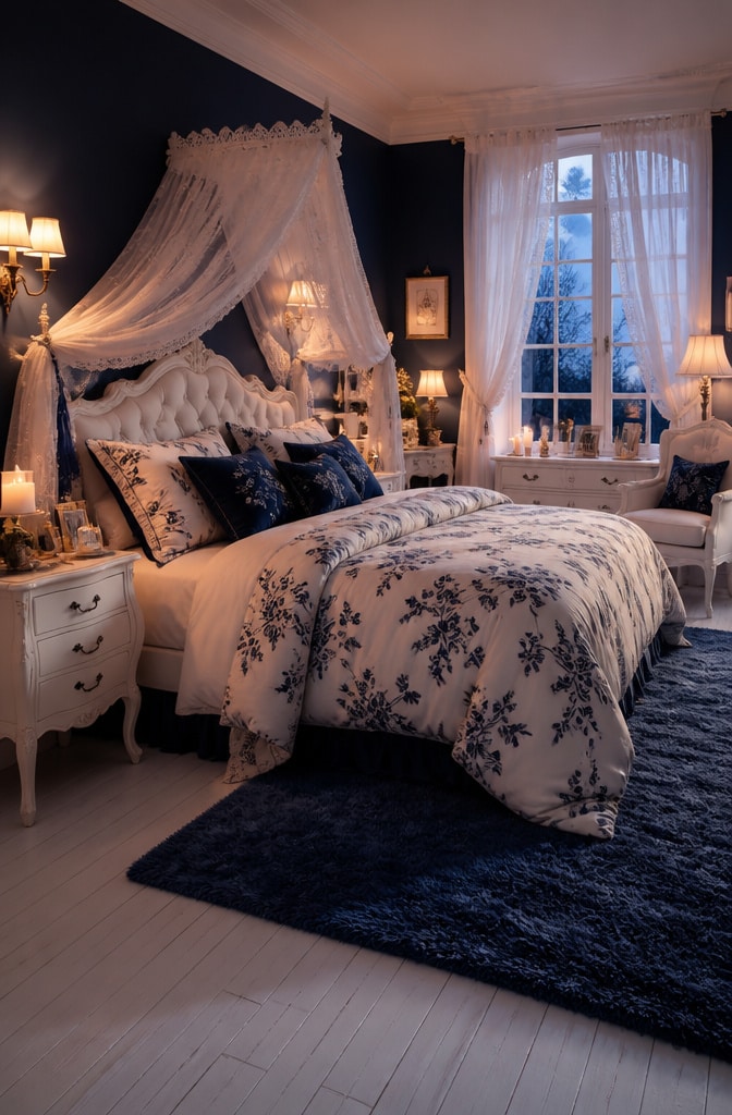 Soft Navy and White Romantic Bedroom