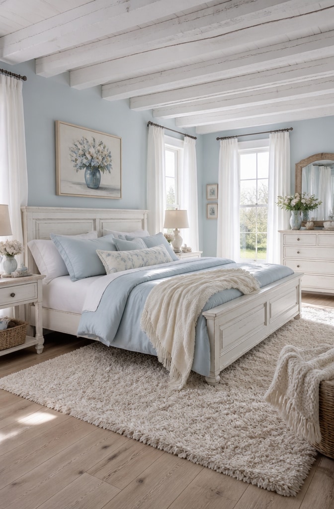 Soft Pastel Blue Farmhouse Bedroom