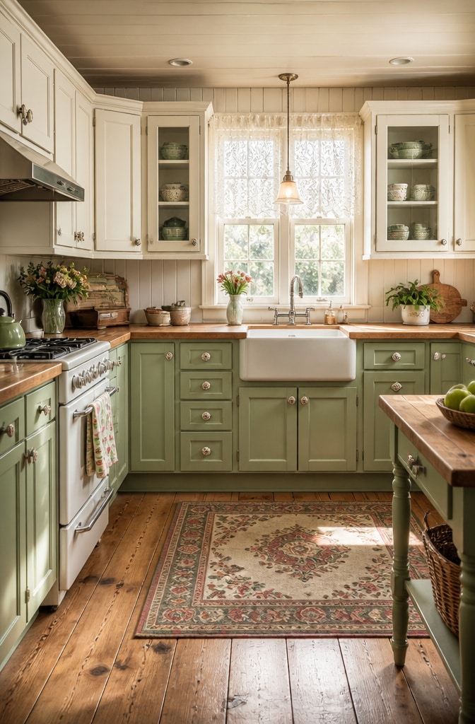 Soft Pastel Green and White Cottage Cabinets