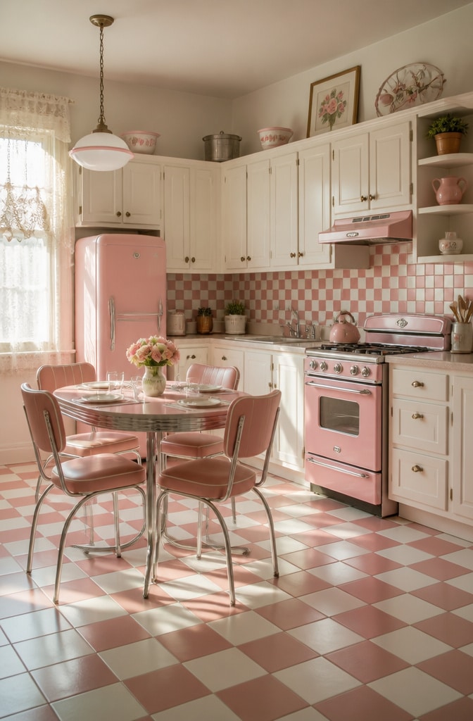 Soft Pink and White Checkerboard Kitchen