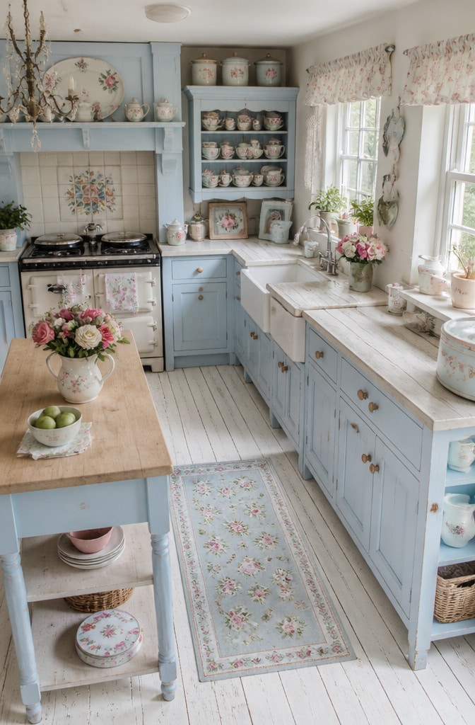 Soft Romantic Pastel Blue Cottage Kitchen