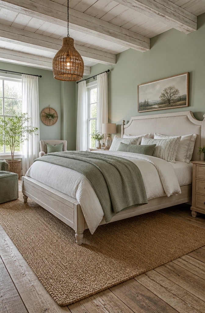 Soft Sage Green Rustic Farmhouse Bedroom