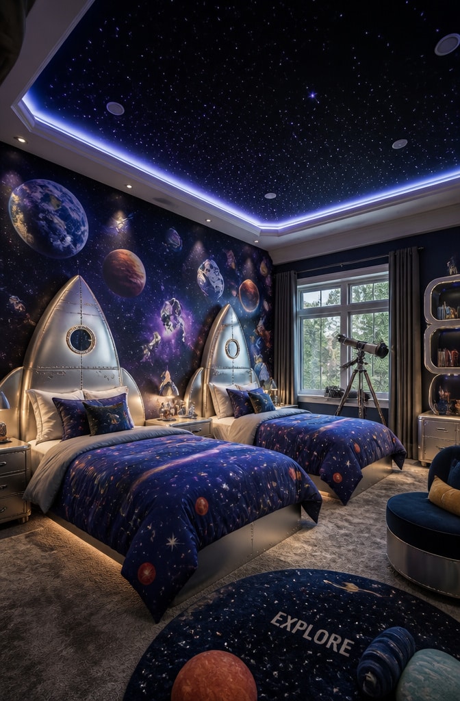 Space Adventure Themed Shared Bedroom