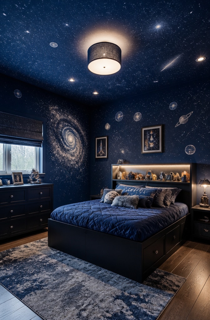 Space-Themed Dark Blue and Silver Bedroom