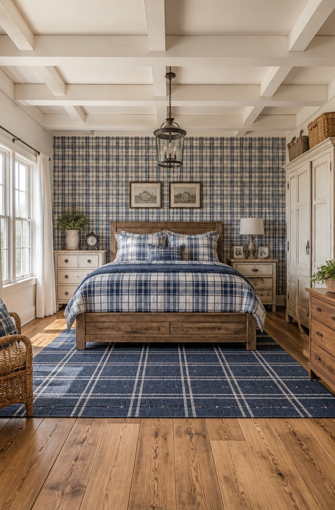 Traditional Blue Plaid Farmhouse Bedroom