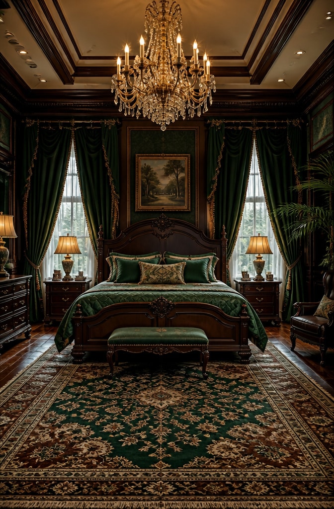 Traditional Brown Mahogany and Emerald Bedroom