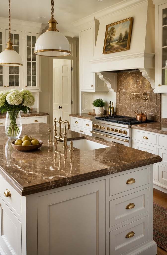 Traditional Brown Marble Kitchen with White Cabinets