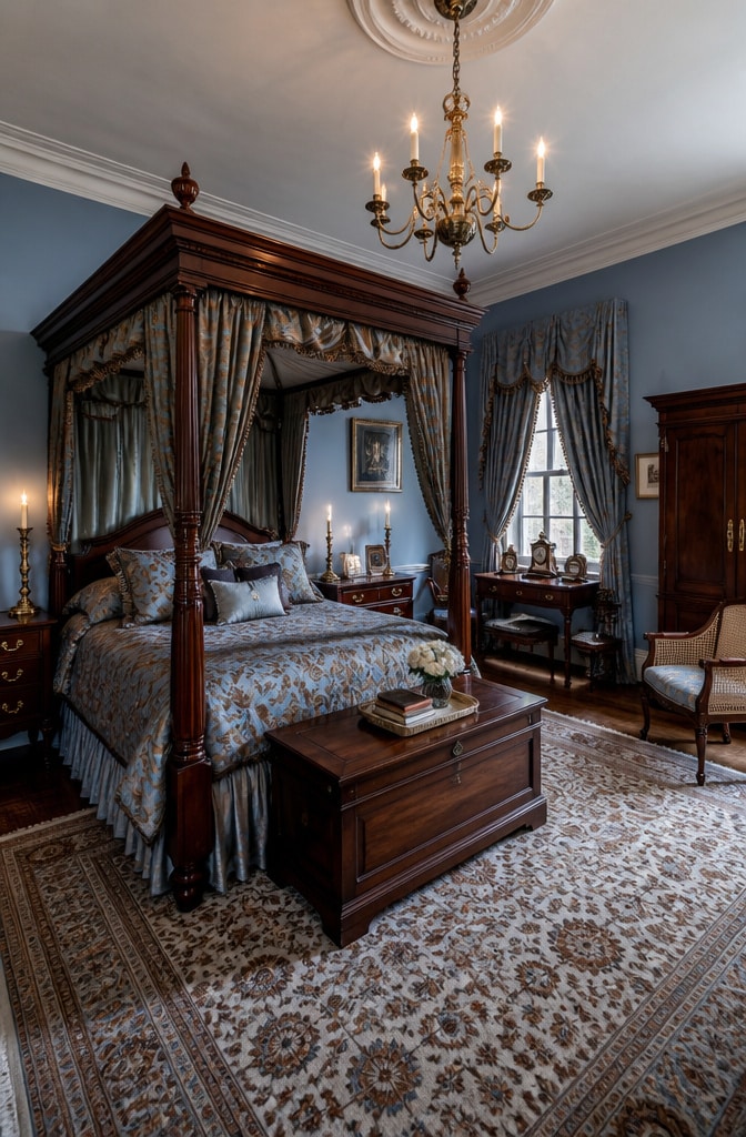 Traditional Colonial Blue and Brown Bedroom