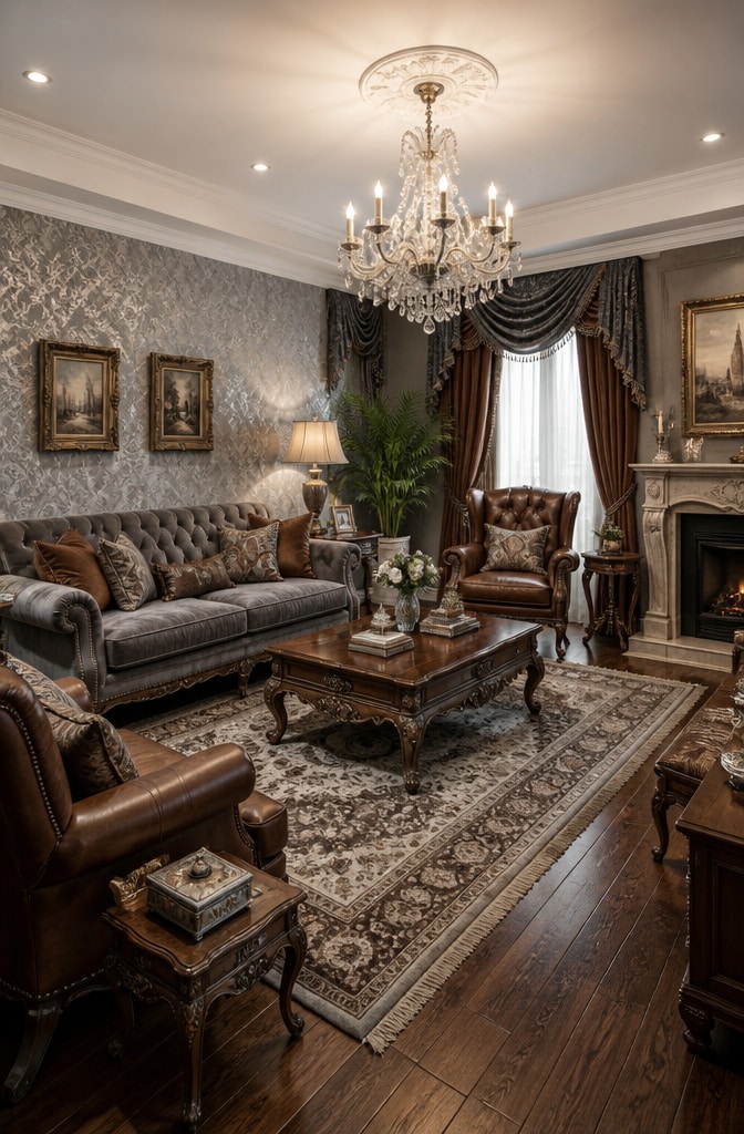 Traditional Elegance Gray and Brown Living Room