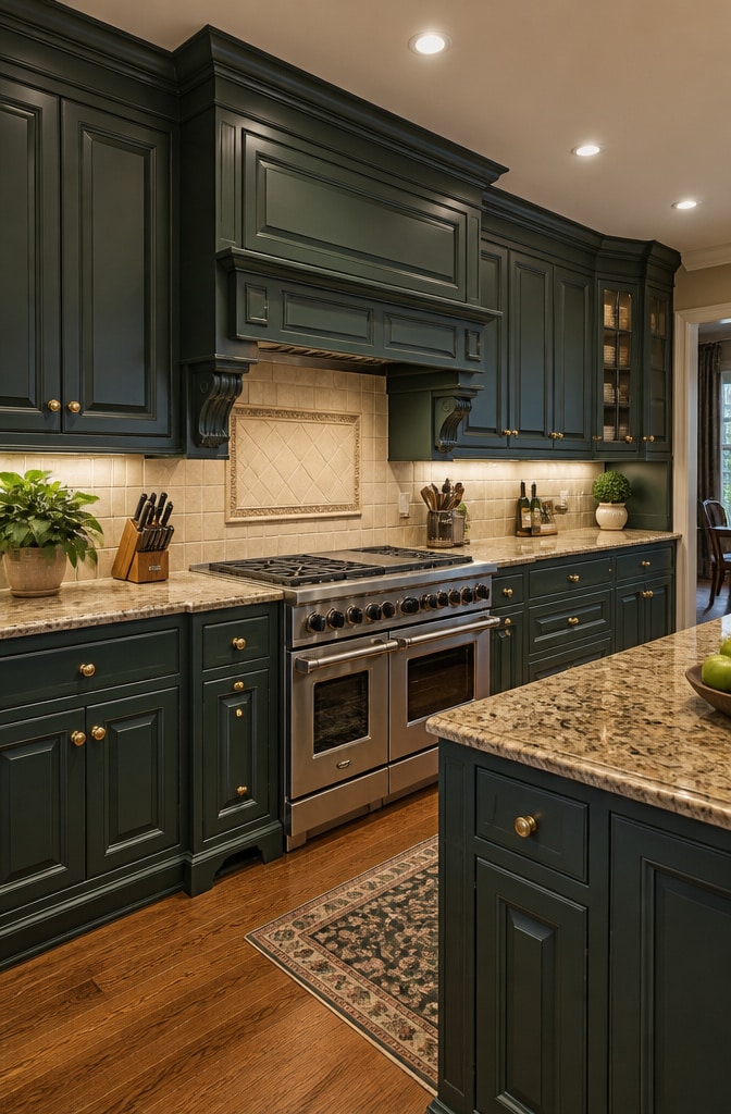 Traditional Forest Green Cabinets with Crown Molding