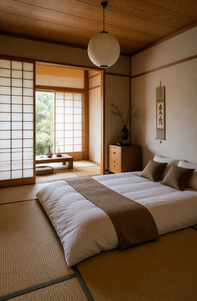 Traditional Japanese White and Brown Bedroom