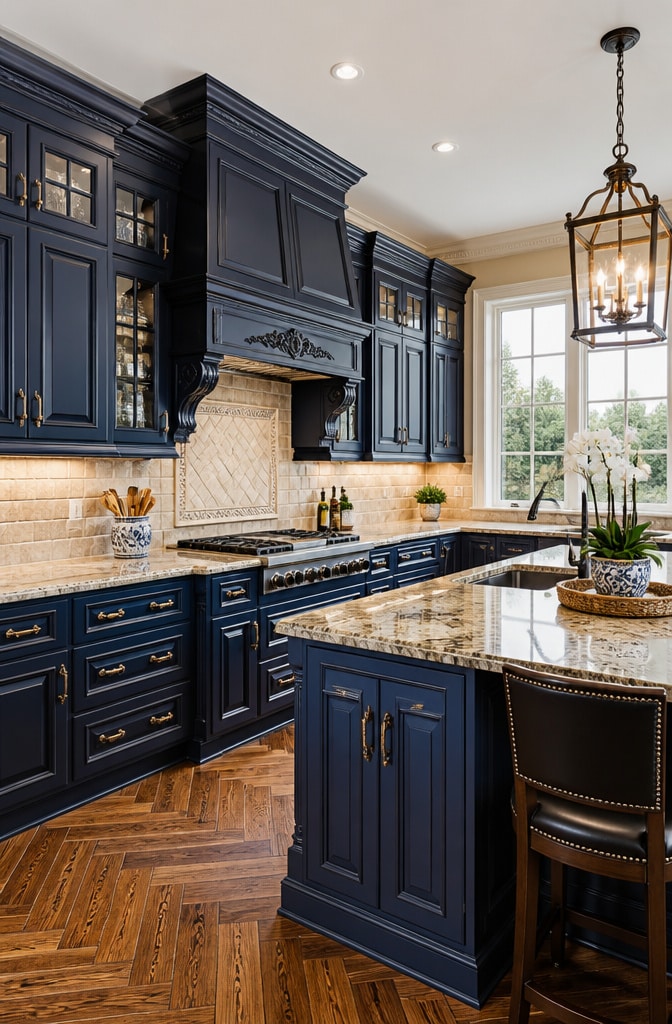Traditional Navy Blue Raised Panel Cabinets