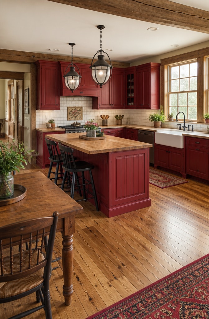 Traditional Red Farmhouse Kitchen with Butcher Block