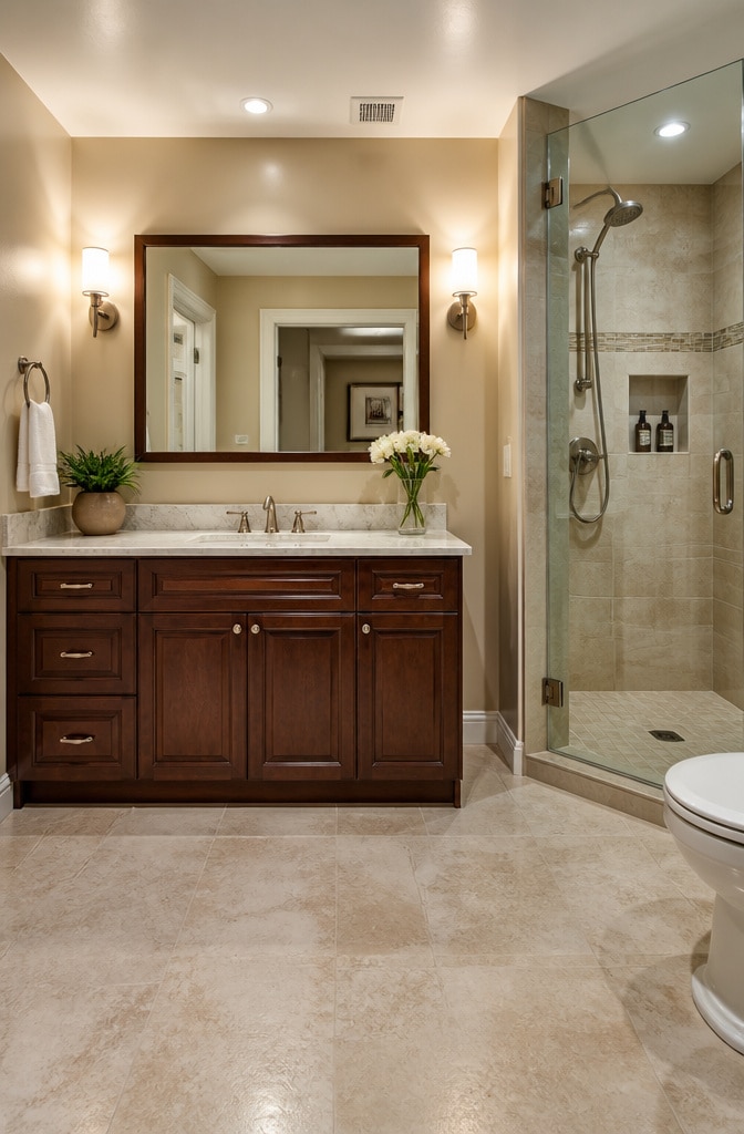 Transitional Beige and Brown Bathroom