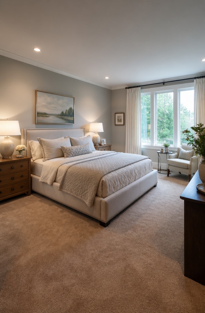 Transitional Brown Carpet Bedroom with Neutral Palette