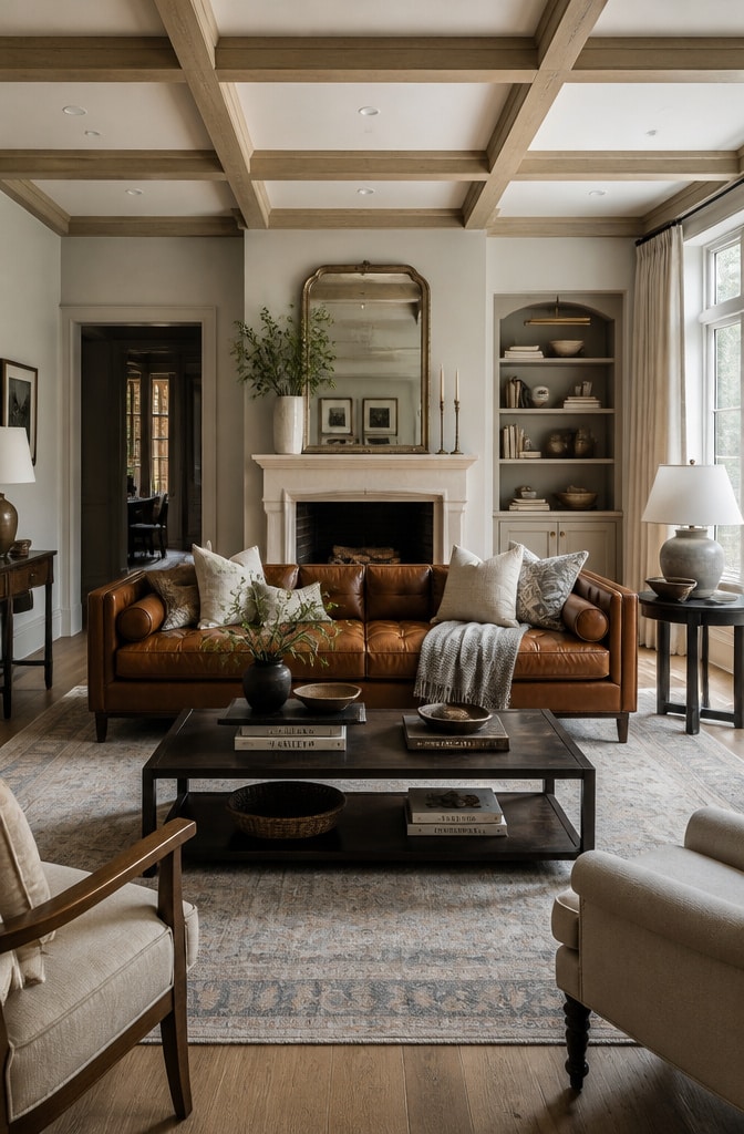 Transitional Brown Leather Sofa Living Room