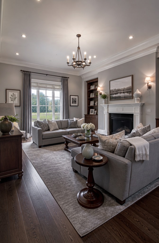 Transitional Dark Brown and Grey Living Room