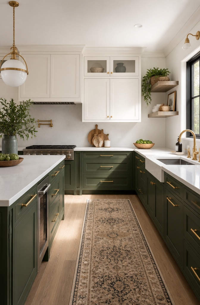 Transitional Green and White Cabinets with Gold Accents