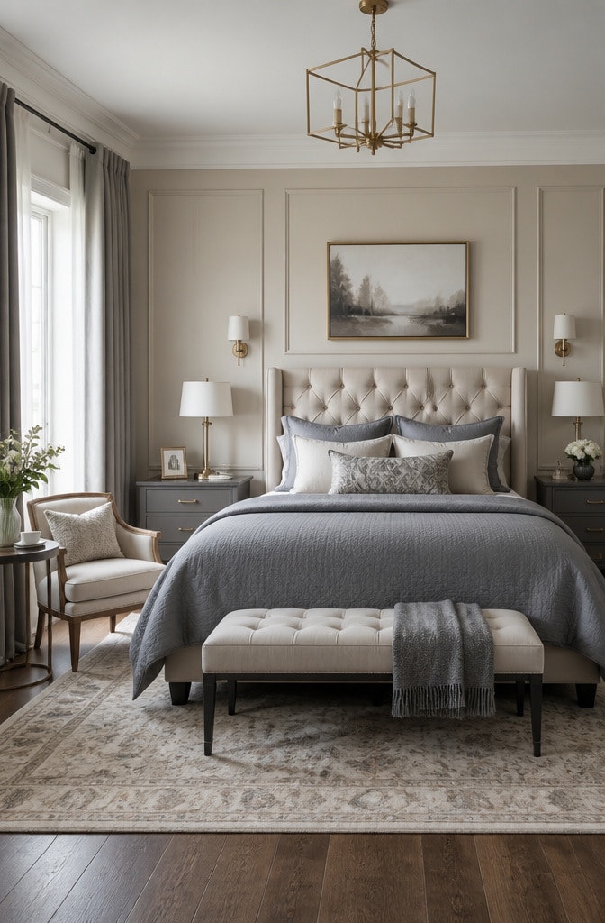 Transitional Grey and Beige Bedroom Blend